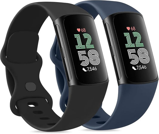 2 Pack Bands Compatible with Fitbit Charge 6 / Fitbit Charge 5 Bands for Women Men, Waterproof Classic Soft Sports Replacement Wristbands
