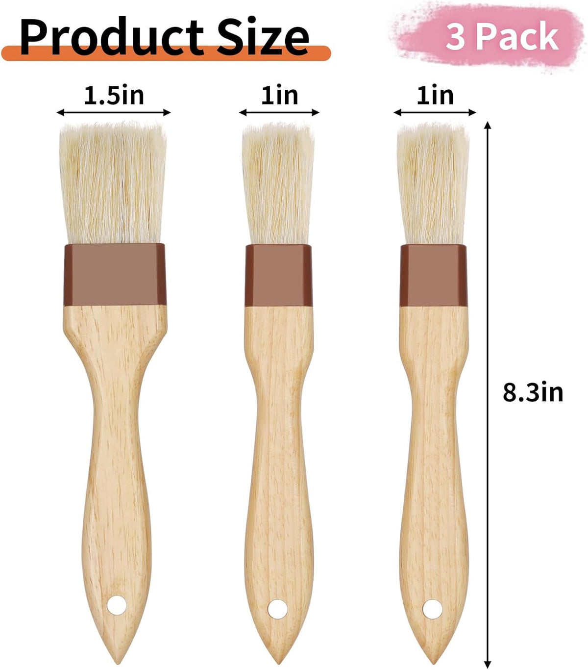 3 Pcs Pastry Brush, Natural Bristle Basting Brush, Cooking Brush, Food Brush, Butter Brush, Baster Brush, BBQ Brushes for Sauce, Kitchen Baking Brushes for Oil, Grilling, Marinade