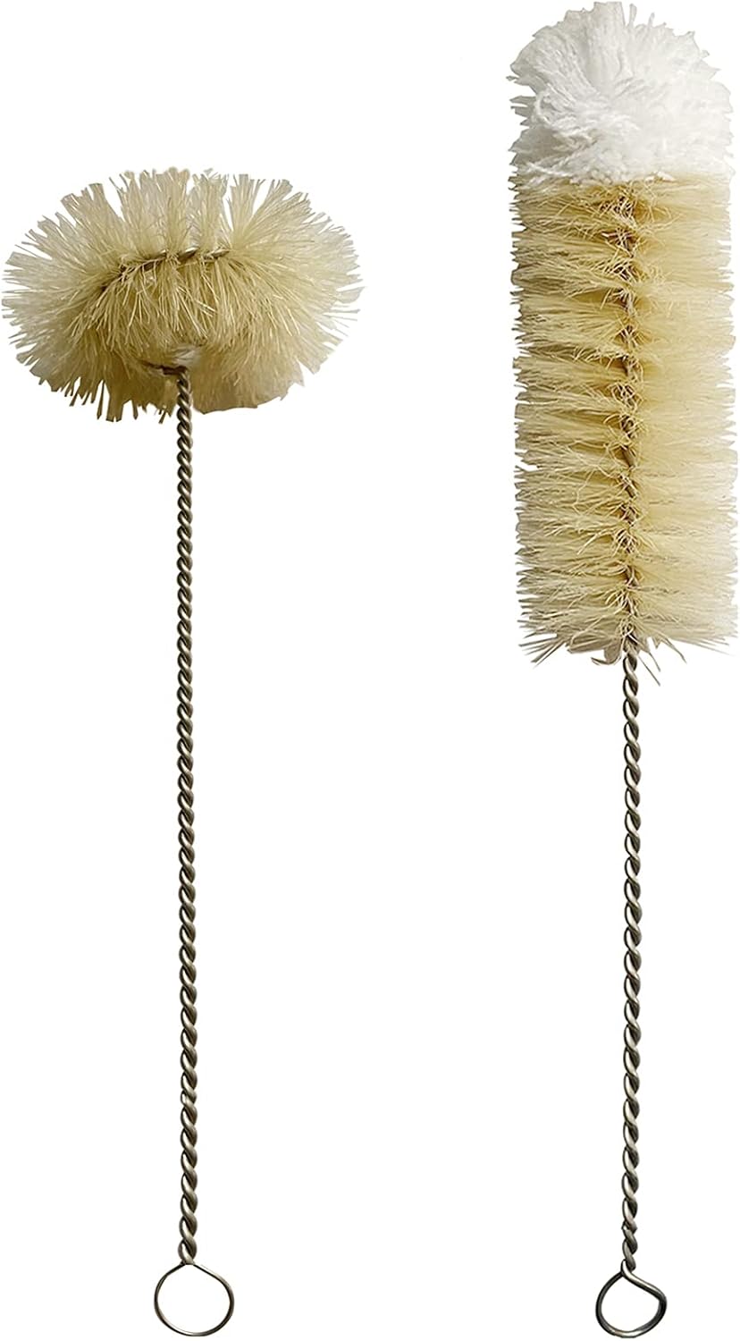 Coralpearl Bottle Brushes Thin Long Handle X 2, Skinny Wire Cleaner Set in Stainless Steel with Natural Boar Bristle at Wool Tip, Bendable Flexible for Cleaning Narrow Neck Bottles, Pipe, Tube, Hose