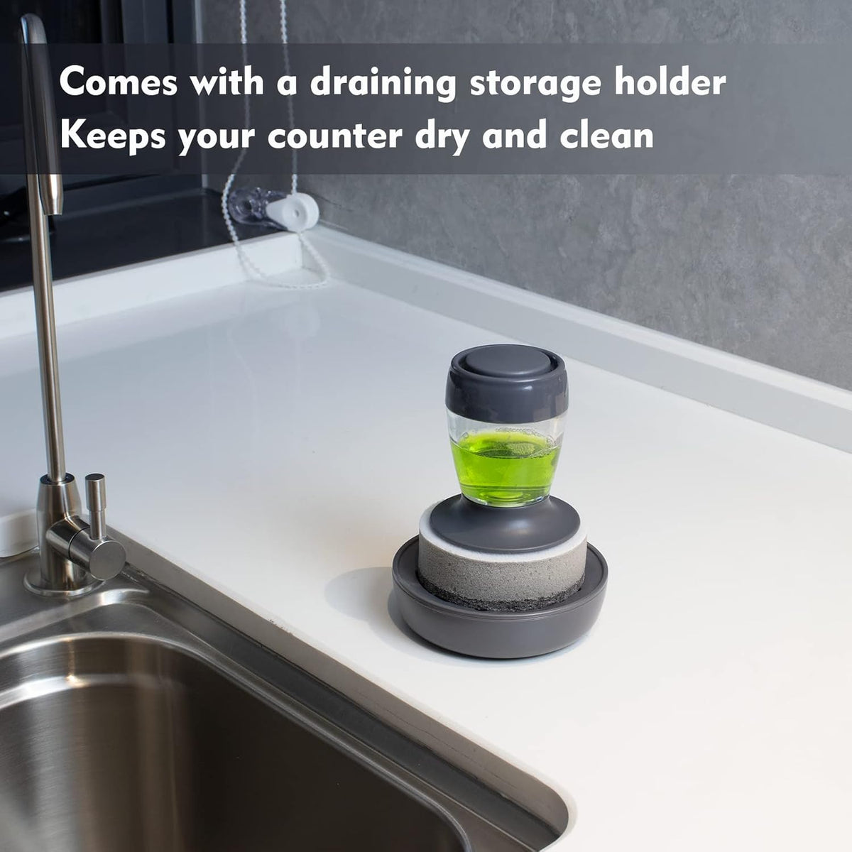 Dish Brush with Soap Dispenser, Kitchen Scrub Brush for Dishes Pots Pans Sink Cleaning, Scrub Sponge Dish Scrubber with Holder Set (Grey Handle & Scrub Sponge)