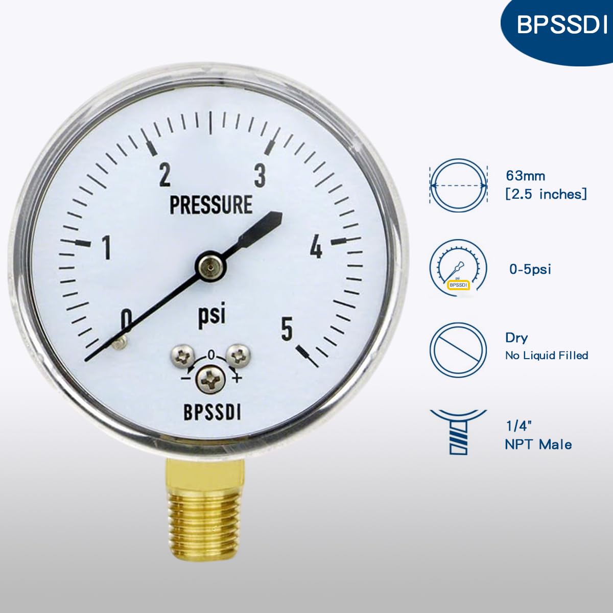 0-5 Psi Low Pressure Gauge, Capsule Gauge, 304 Stainless Steel Case, 2.5" Dial Size, 1/4" NPT Lower Mount, Zero Adjustment, for Air Water Gas Pressure Test