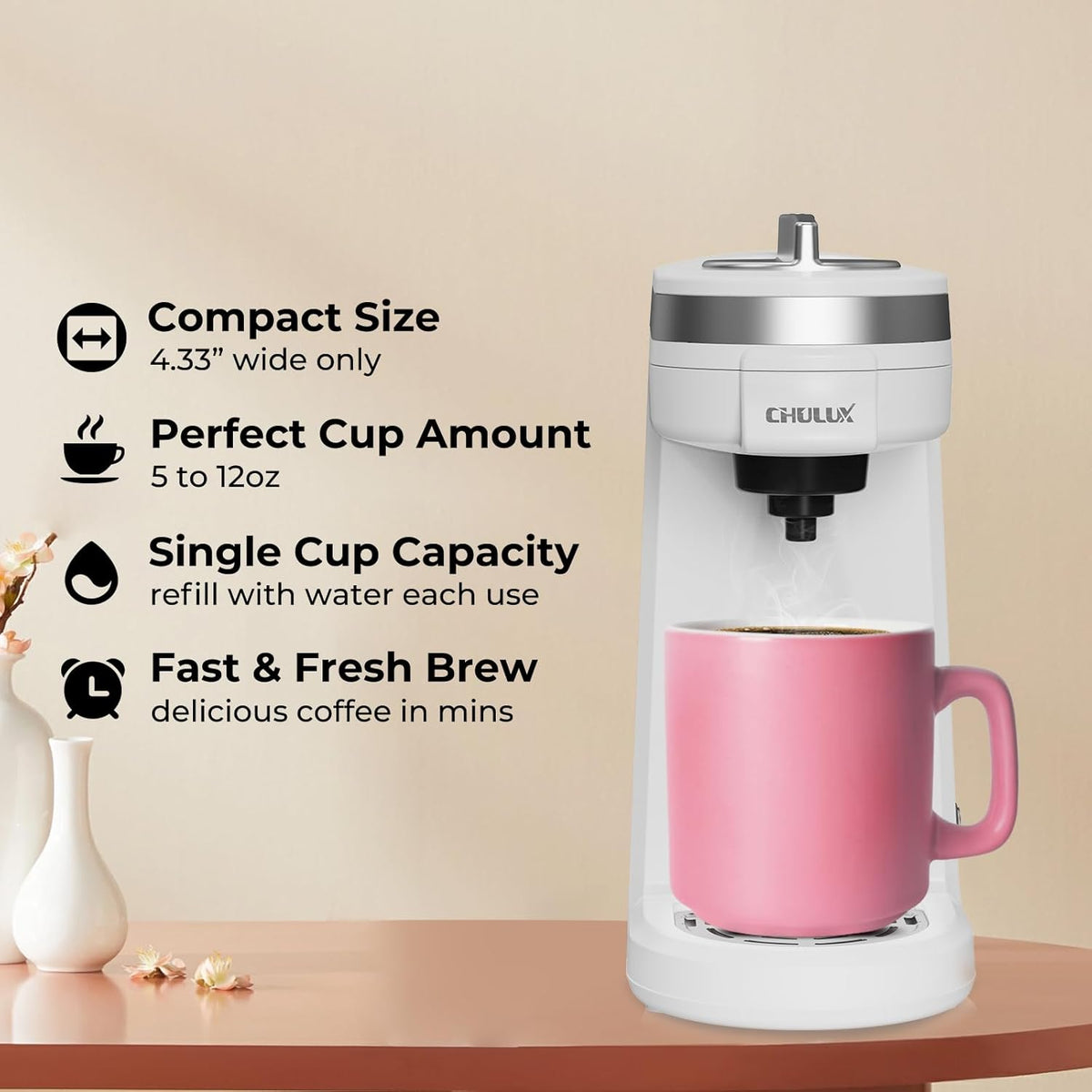 CHULUX Mini Coffee Maker for K Capsule, Single Serve Coffee Maker for One Cup Americano, Lightweight Pod Coffee Machine, Pearl White