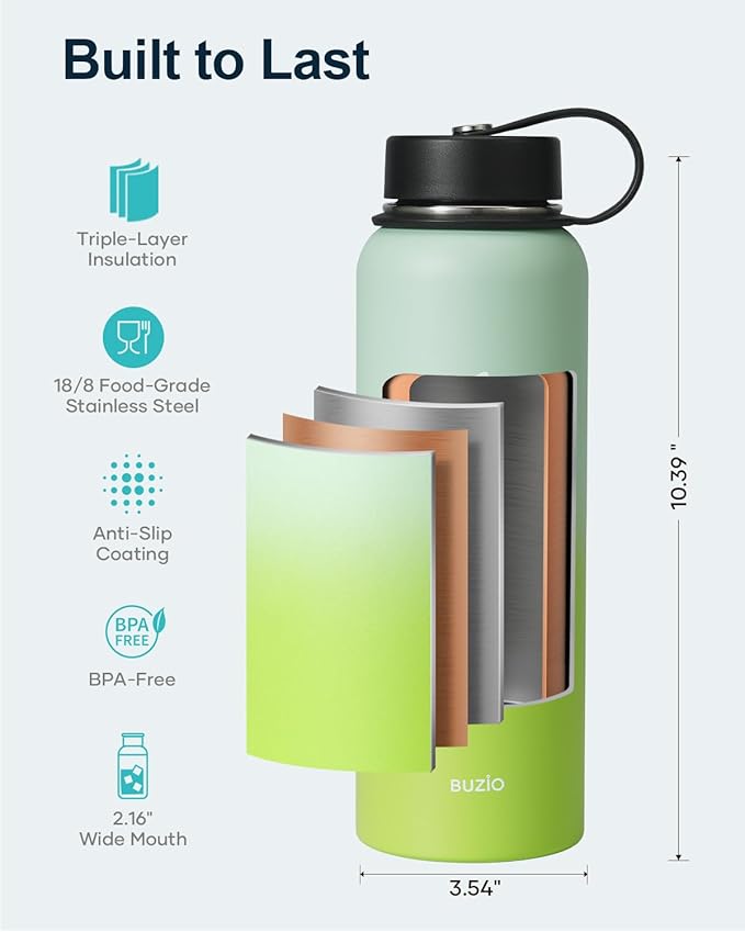 BUZIO 40oz Insulated Water Bottle, Triple Wall Stainless Steel Water Flask with 2 lids, Leakproof BPA-Free Straw Lid Sports Canteen for Sports Hiking, Cold 48H & Hot 24H- Gradient Green