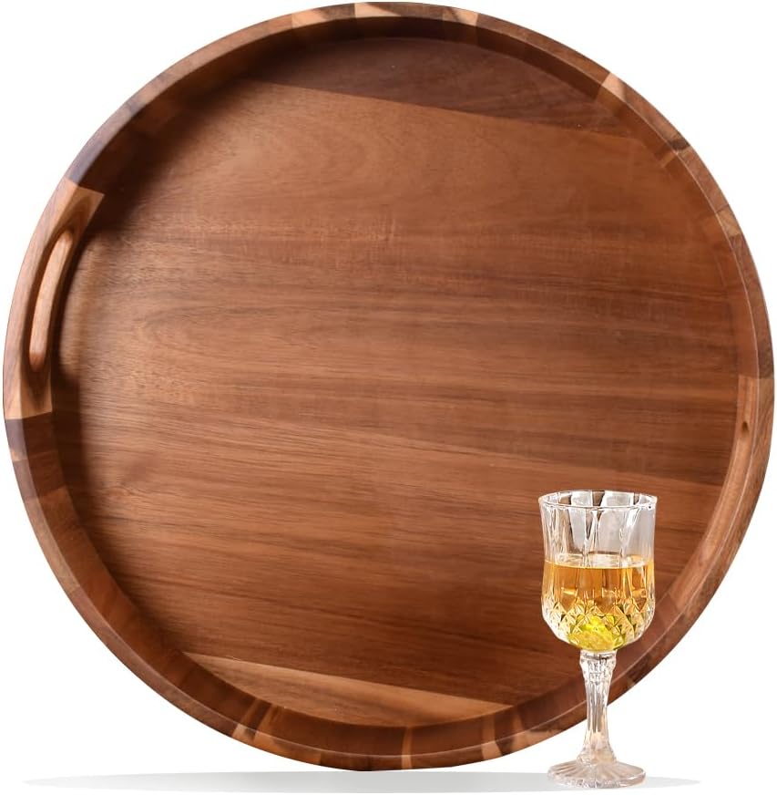 Extra Large 20" Acacia Wood Tray with Handles - Wooden Serving Tray for Ottoman, Coffee Table, Charcuterie, Bed & Breakfast - Rustic Modern Style