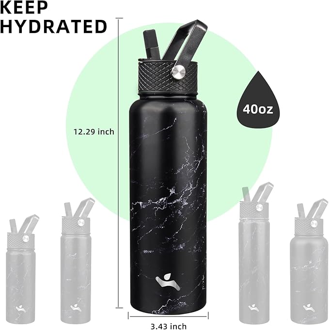 40oz Insulated Water Bottle Stainless Steel Sport Bottles with 3 Lids,Marble Midnight