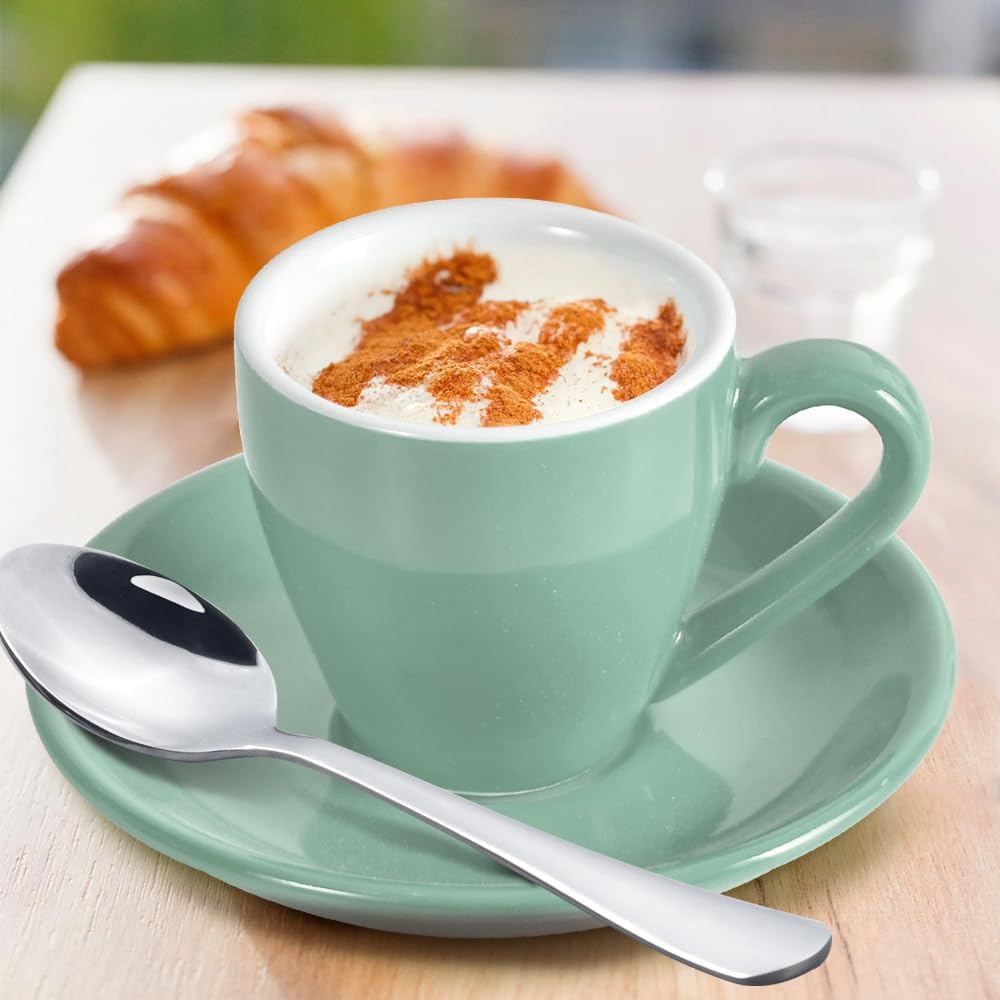 homEdge Porcelain Espresso Shot Cup Set with Saucers and Stainless Steel Spoons - 80 ml / 2.67 oz, Set of 4, Mint Green