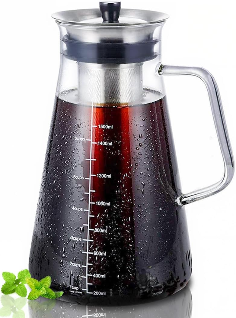 Aquach Airtight Cold Brew Coffee (Iced Tea) Maker 51oz/1.5L, BPA-Free, Durable Borosilicate Glass Pitcher and Stainless Steel Fine-Mesh Filter, Dishwasher Safe, Spill-proof, 6 Cups Capacity