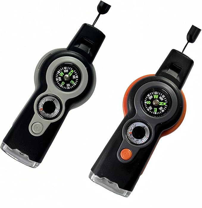 7 in 1 Emergency Survival Whistle with Compass, Outdoor Multi-Functional Hiking Safety Tool with Lanyard