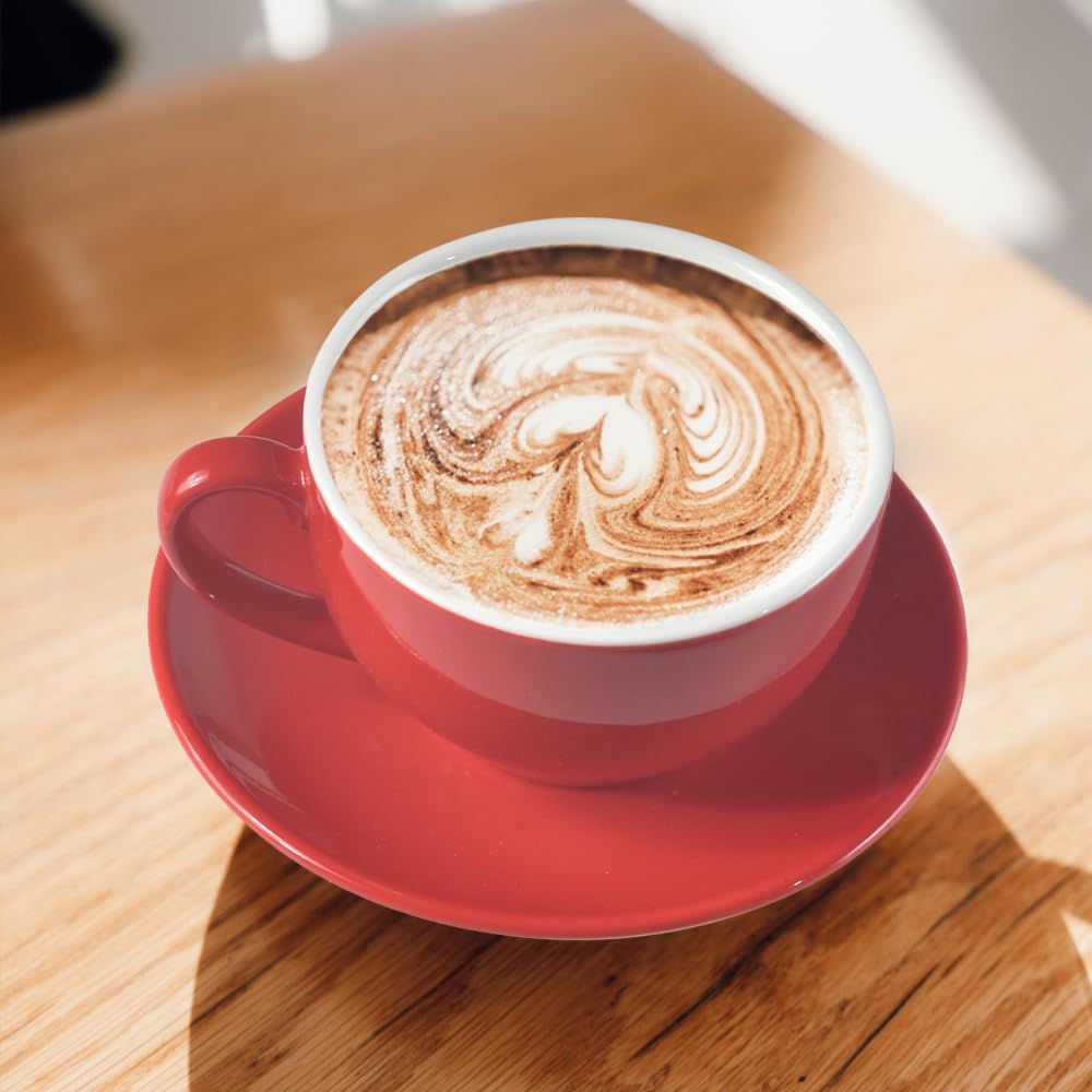 Porcelain Coffee Cup with Saucer 220ml/7.3oz for Cappuccino, Latte, and Tea, Red