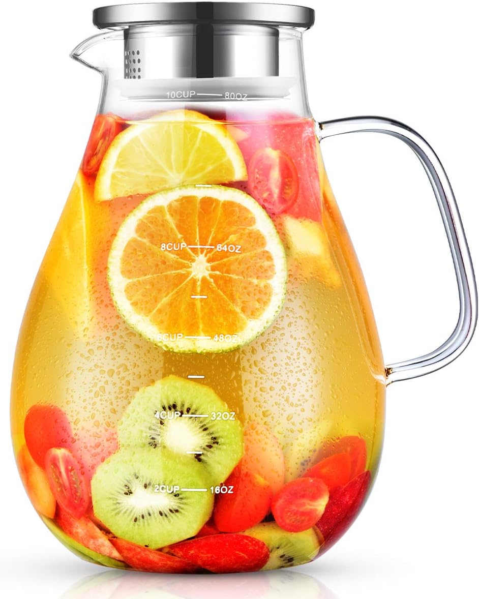 Glass Pitcher, veecom 80oz Water Pitchers with Lid and Spout for Drinks, Hot&Cold Beverage, Juice, Iced Tea Pitcher for Fridge, Borosilicate Glass Carafe/Jug with Brush