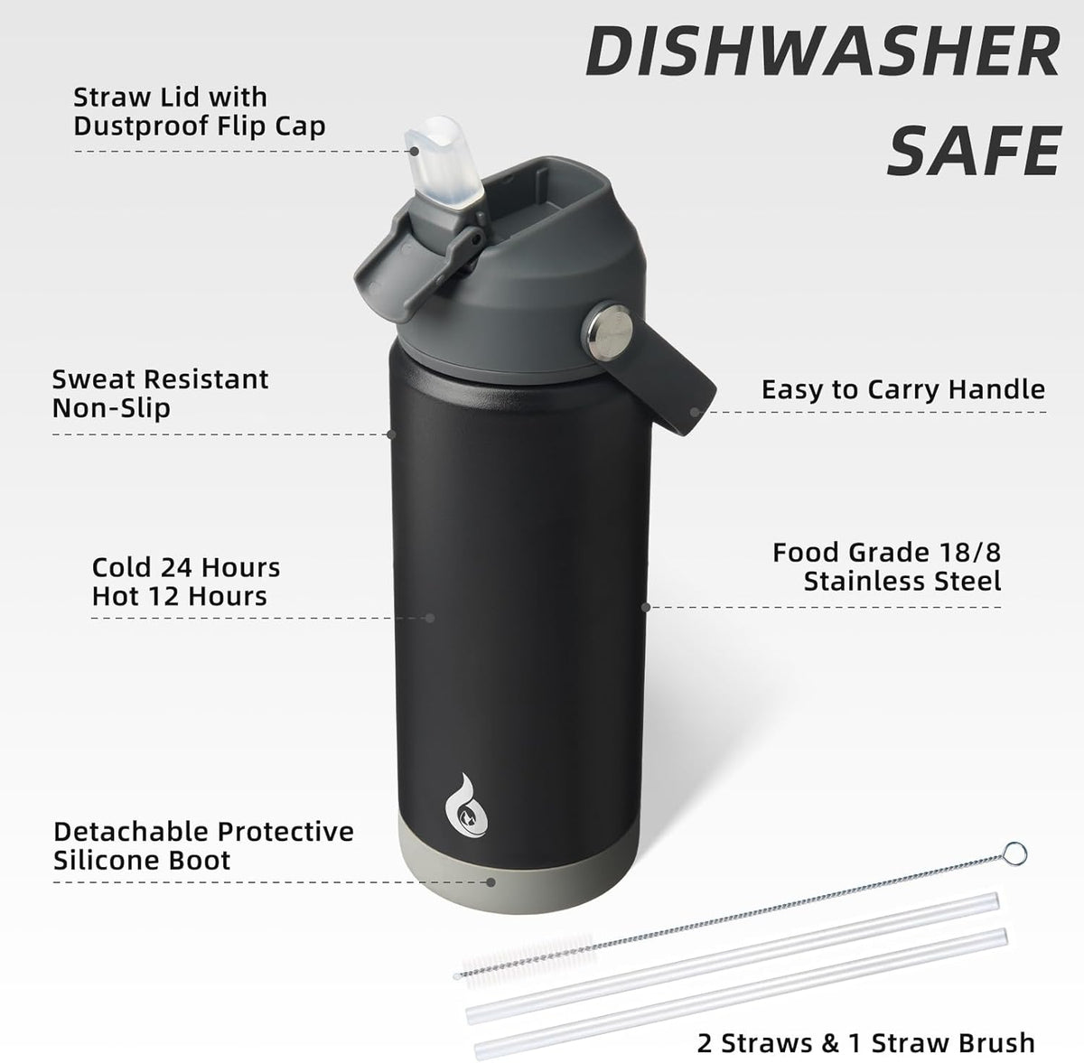 BJPKPK Insulated Water Bottle with Straw Lid, 18oz Thermos Water Bottles with Soft Nozzle, Flex Handle & Non-slip Boot, BPA Free Leak Proof Stainless Steel Metal Thermos, Tumblers, Cups,Black