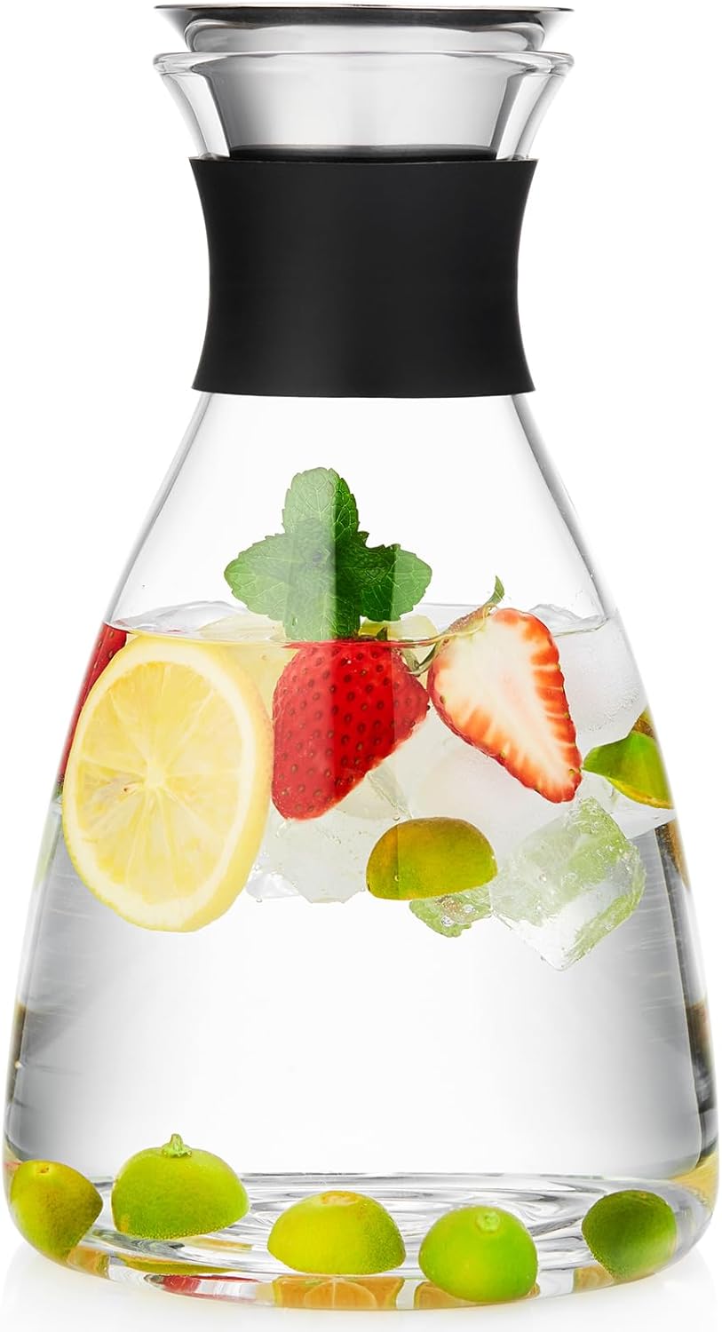 Glass Pitcher with Lid and Spout, 62 OZ Water Jug, Glass Carafe with Lid for Hot/Cold Water, Large Pitcher for Coffee, Juice,Homemade Iced Tea Beverage 1800ML