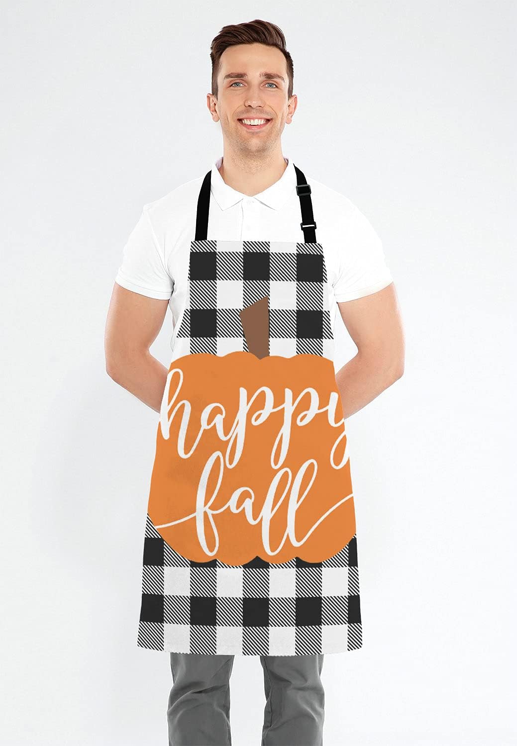 Happy Fall Pumpkin Thanksgiving Pillow case Buffalo Plaid Adjustable Bib Apron Kitchen Cooking Baking Gardening Apron for Women Men