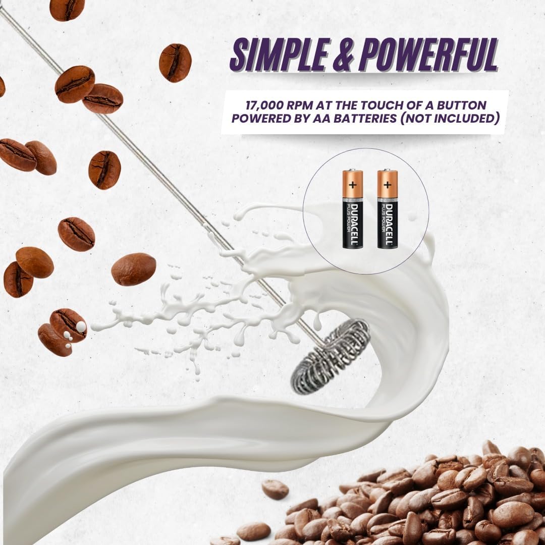 Silverdome's Powerful Handheld Milk Frother, Stainless Steel whisk for Silky Foam in Seconds, Battery Operated(Not Included), Perfect for café-style drinks, Coffee, Lattes, Cappuccino, Hot Chocolate.