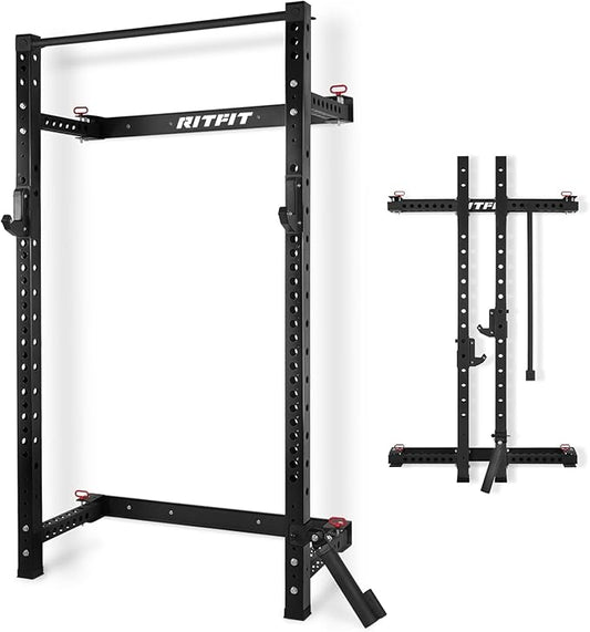 RitFit Multi-Functional Folding Squat Rack for Home Gym, 2.36'' x 2.36'' Wall Mounted Squat Rack with Attachments - Space Saving Squat Power Rack