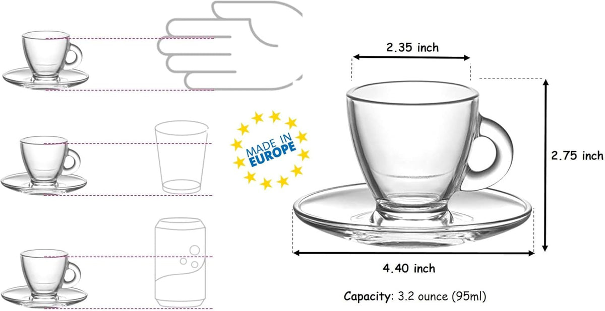 BOHEM'S Espresso Cups, 3.2 oz Small Demitasse Clear Glass Espresso Drinkware, Set Of Cups, Saucers and Stainless Steel mini Spoons + Free Glass Spoons (set of 4)