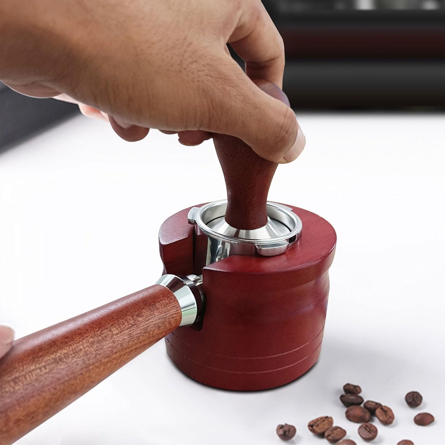 Elegant Wooden Coffee Portafilter Holder Stand Round Red Bottomless Portafilter Tamping Station for Home Bar (51mm/54mm, 58mm) (58mm)