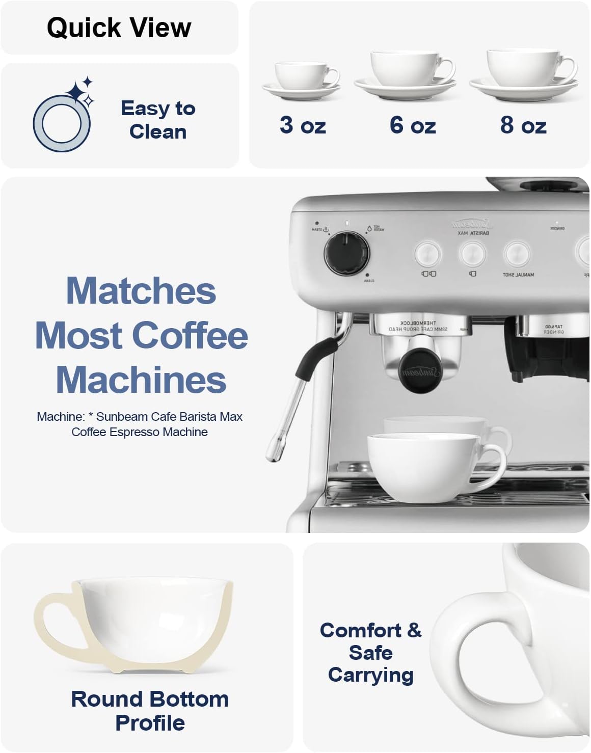 LE TAUCI 3 oz Espresso Cups with Saucers, Demitasse Coffee Cup for Shot, Lungo, Ristretto - 3 inch, Set of 4, White