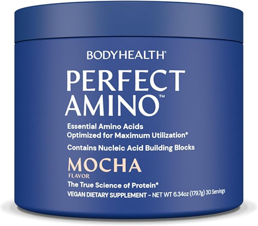 BodyHealth PerfectAmino Powder - BCAA and EAA Powder for Pre and Post Workout - Amino Acid Energy Drink for Men and Women to Support Lean Muscle and Recovery - Mocha - 30 Servings