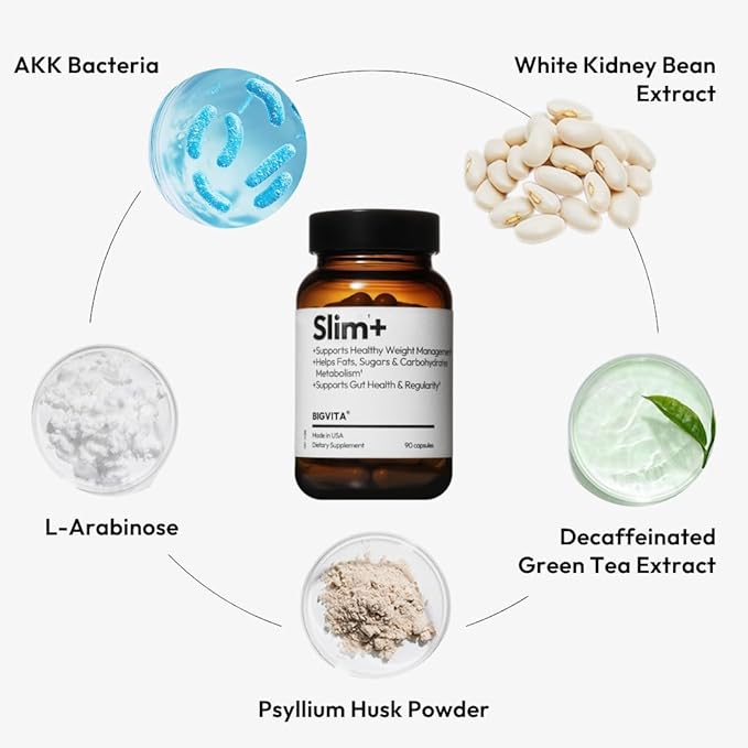 BigVita Slim+ | Supports Healthy Metabolism, Gut Health & Carb Blocking - Vegan, Hormone-Free, 90 Capsules