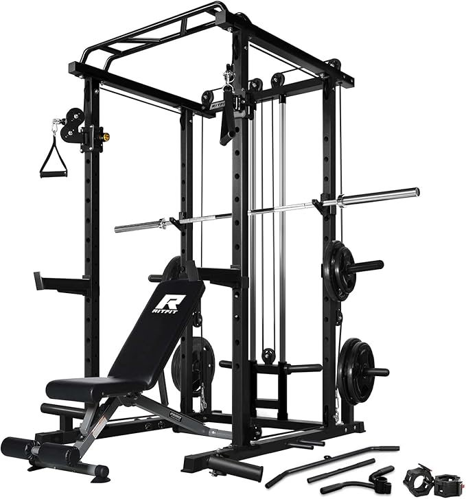 RitFit Power Cage with Optional LAT PullDown/Cable Crossover, 1000LB Squat Rack for Home & Garage Gym, with Weight Storage Rack and More Training Attachments, ASTM-Certified