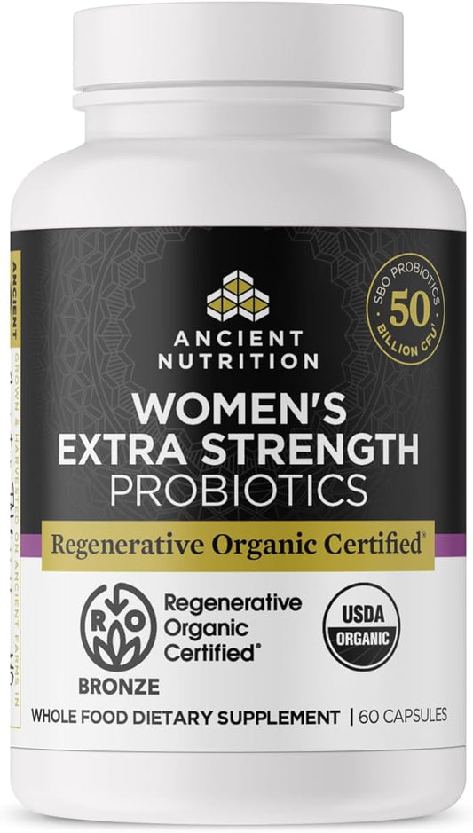 Ancient Nutrition Regenerative Organic Certified Probiotics for Women, Probiotics Women’s Extra Strength, Healthy Digestion and Immune System Function Support, 25 Billion CFUs* Per Serving, 60 Count