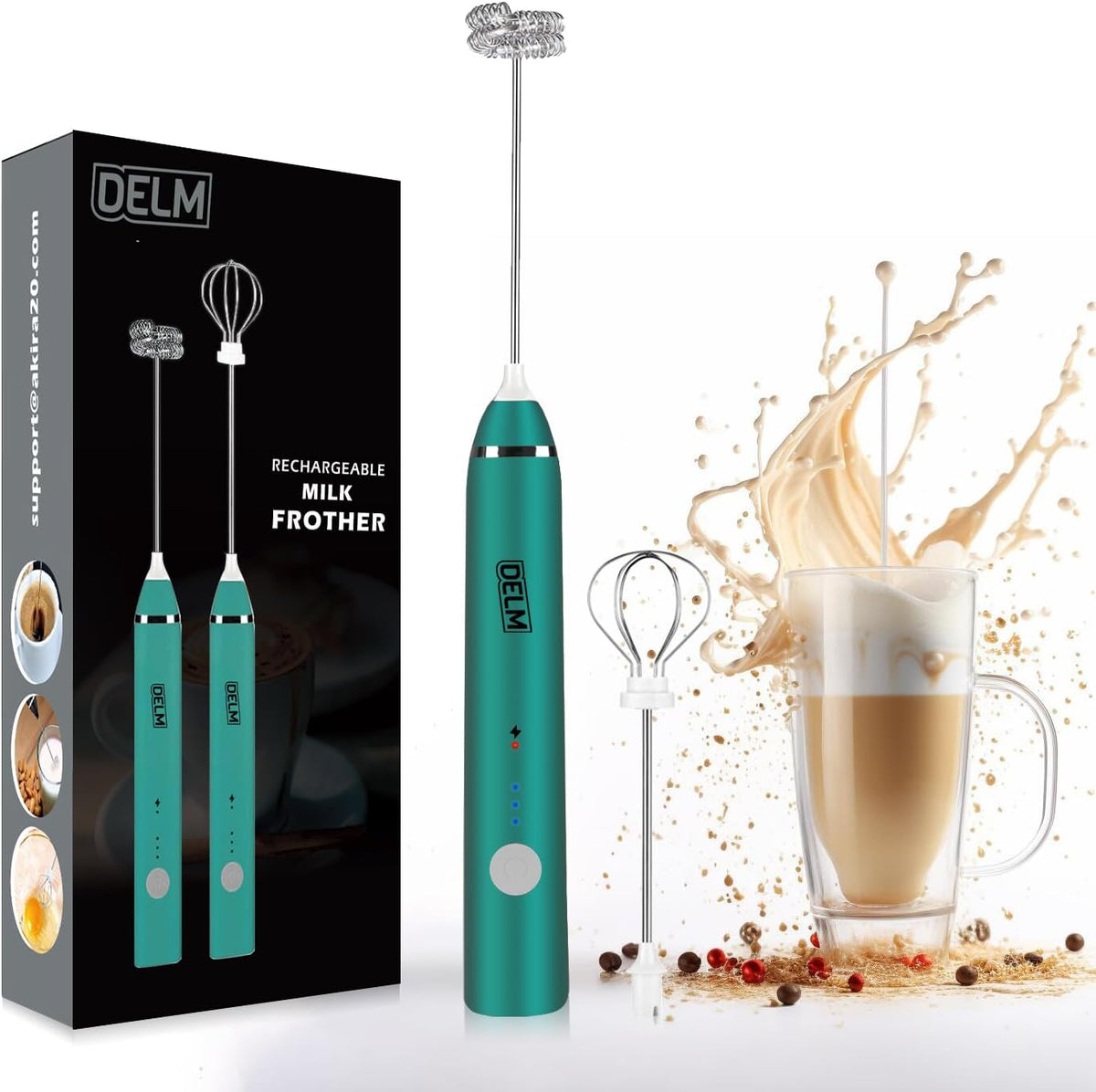 Delm Milk Frother Electric USB Stainless Steel Accessory - Frother Wand Foam Maker for Lattes - Milk Frother Handheld for Cappuccino, Frappe, Matcha, Hot Chocolate - Frother for Coffee (green)
