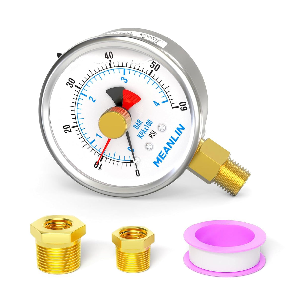 MEANLIN MEASURE 0~60Psi Stainless Steel 1/4" NPT 2.5" FACE DIAL with Reset Pointer Liquid Filled Pressure Gauge WOG Water Oil Air, Lower Mount, with Brass Hex Bushing