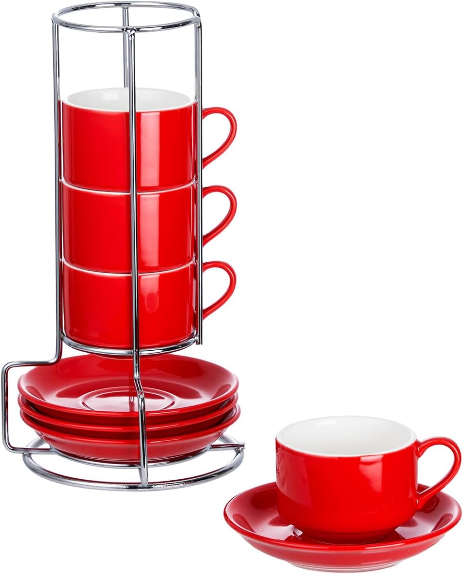 2.5 Ounce Porcelain Espresso Cups with Saucers and Silver Stand, Red Stackable Cups Set of 4
