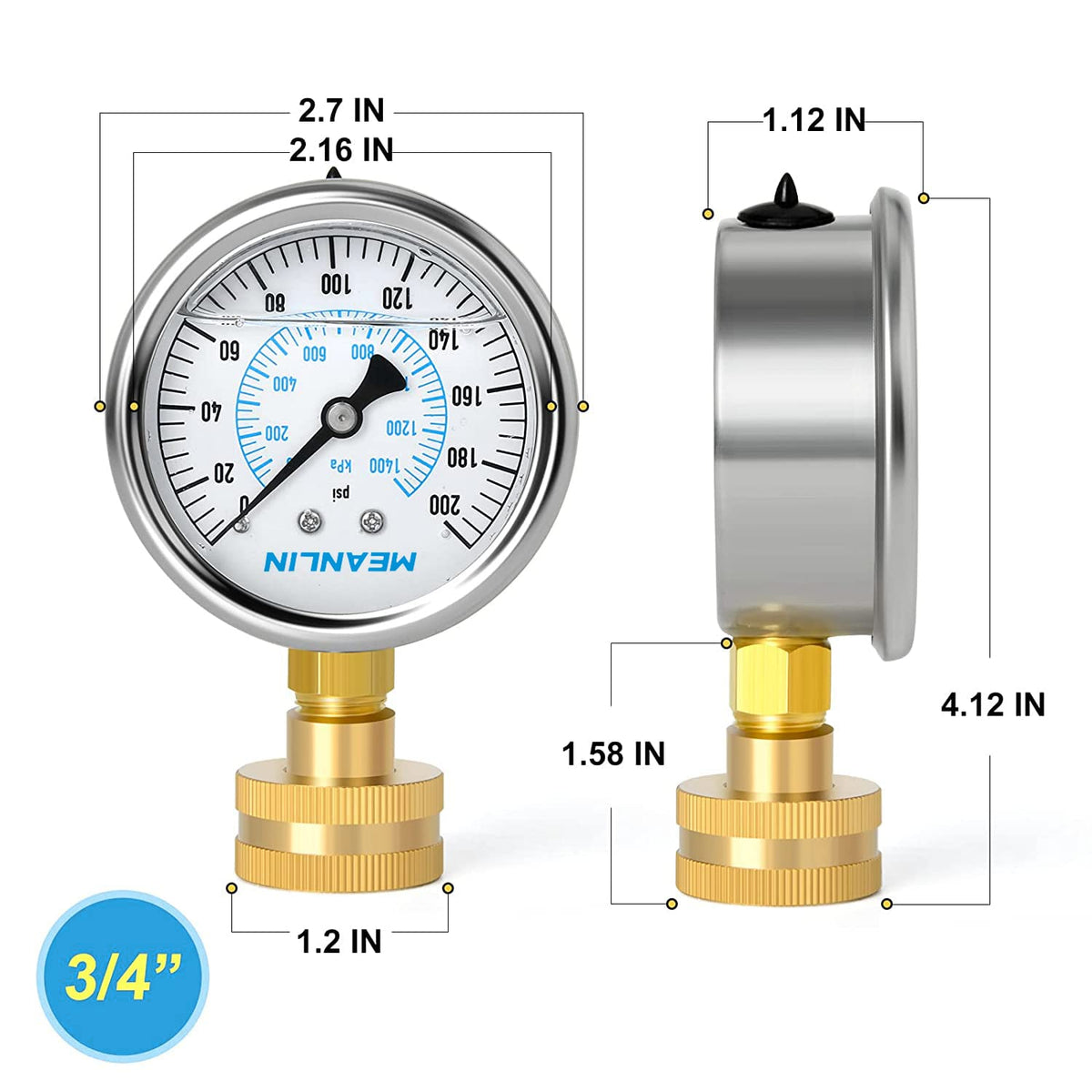 MEANLIN MEASURE 0~200Psi Stainless Steel Frame 3/4" Female 2.5" FACE DIAL Liquid Filled Pressure Gauge WOG Water Oil Air Water Pressure Test Table with Sealing Ring