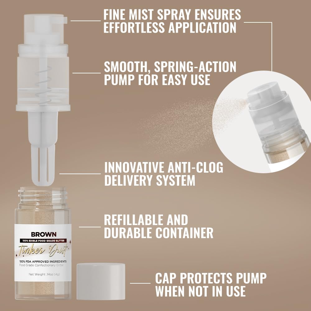 Bakell - Brown Tinker Dust (4g, 1x Mini Spray Pump) Edible Glitter for Food, Desserts, and Beverages!