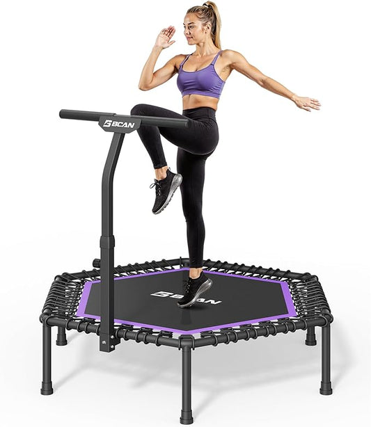 BCAN 51" Mini Hexagon Trampoline, Max Load 450 LBS Fitness Trampoline with T-Adjustable Handle Bar, Silent Bungees, Larger, More Stable, Quieter Exercise Rebounder for Adults Indoor/Garden Workout