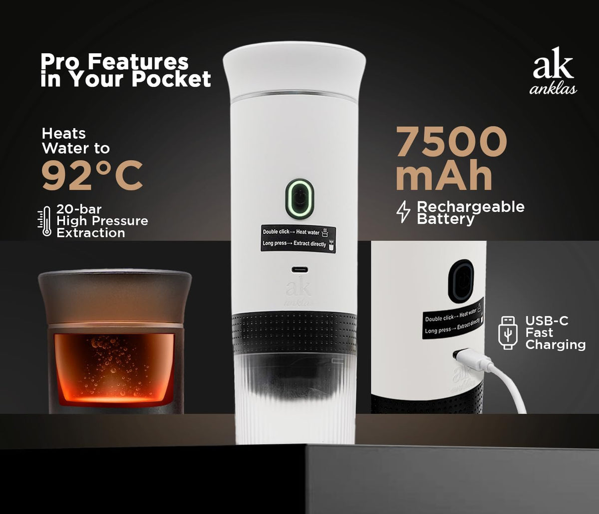 3-in-1 Portable Coffee Maker – Electric Espresso Machine for Travel – Compatible with Ground Coffee, NS & DG Capsules – USB-C Rechargeable Portable Espresso Maker (White)