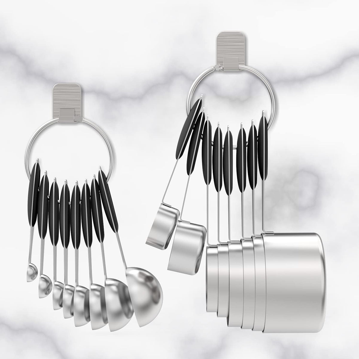 Measuring Cups & Spoons Set of 16, Wildone Stainless Steel Measuring Cups and Measuring Spoons with Black Silicone Handle, Including 8 Nesting Cups, 8 Spoons, for Dry and Liquid Ingredient