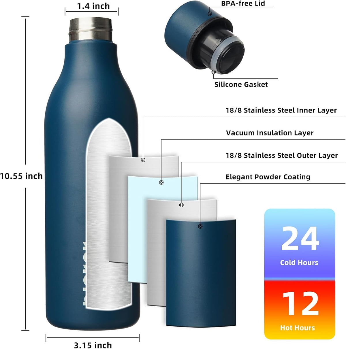 BJPKPK Insulated Water Bottles, 25 oz Stainless Steel Metal Water Bottle with Strap, BPA Free Leak Proof Thermos, Mugs, Flasks, Reusable Water Bottle for Sports & Travel, Navy Blue