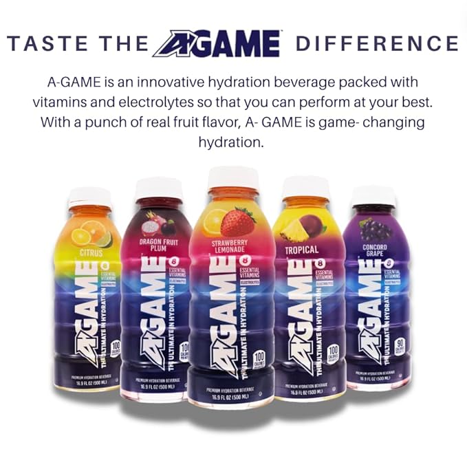 A-GAME Sports Drink, Dragon Fruit Plum, The Ultimate Hydration Sports Beverage for Athletes, 8 Essential Vitamins including B, C, & E plus Natural Sea Salt Electrolytes, All Natural Flavors & Sweeteners, Gluten Free, 16.9 Fl Oz (Pack of 12)