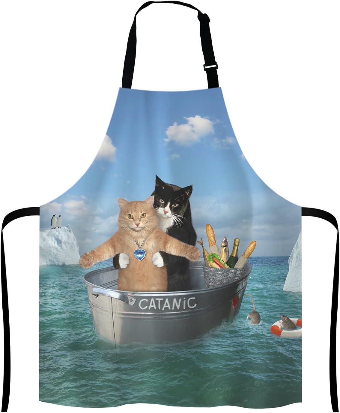 Funny Cats Adjustable Bib Apron, The two brave cats are drifting in the steel Cooking Kitchen Apron for Men Women