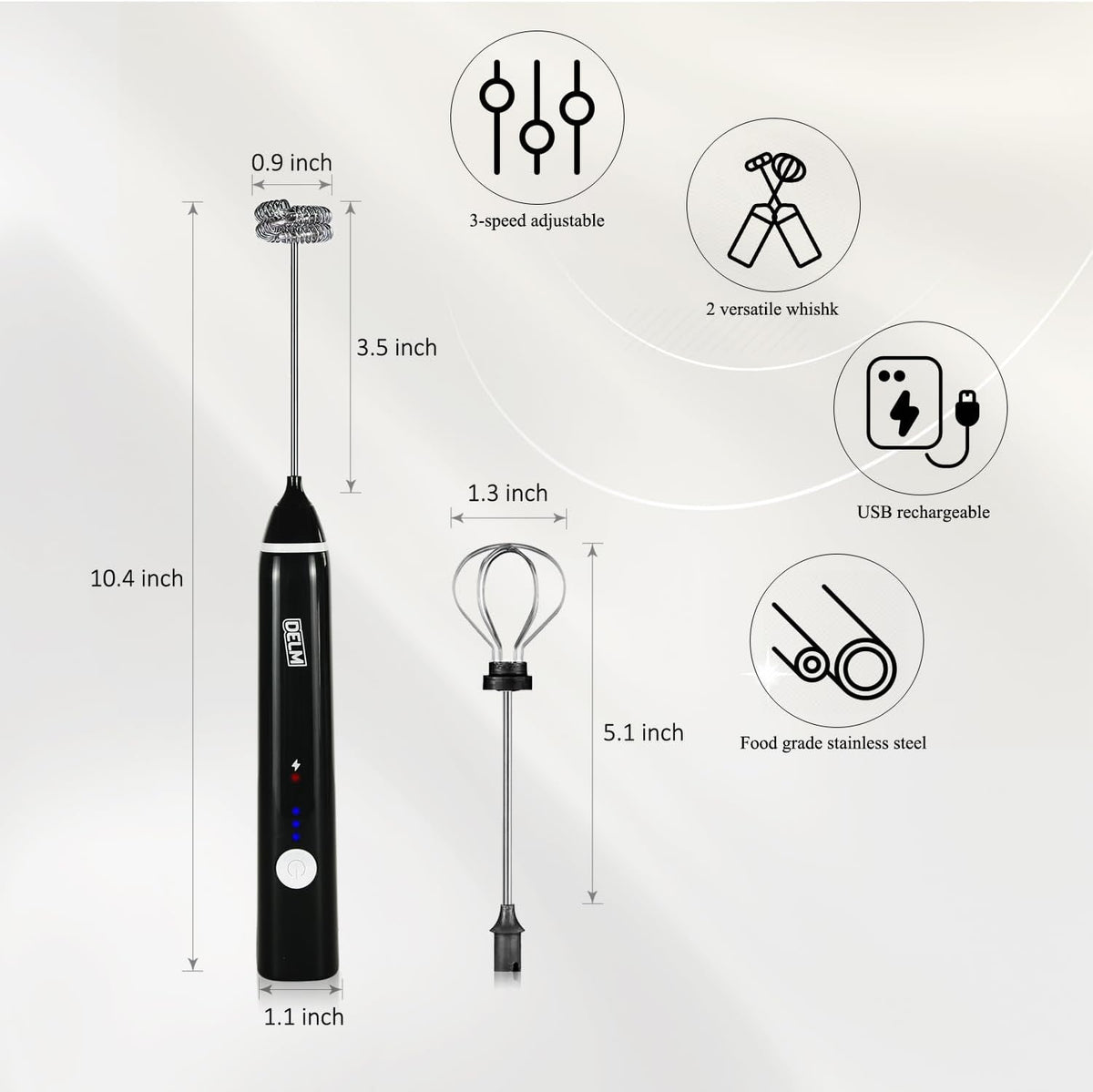 Delm Milk Frother Electric USB Stainless Steel Accessory - Frother Wand Foam Maker for Lattes - Milk Frother Handheld for Cappuccino, Frappe, Matcha, Hot Chocolate - Frother for Coffee (black)