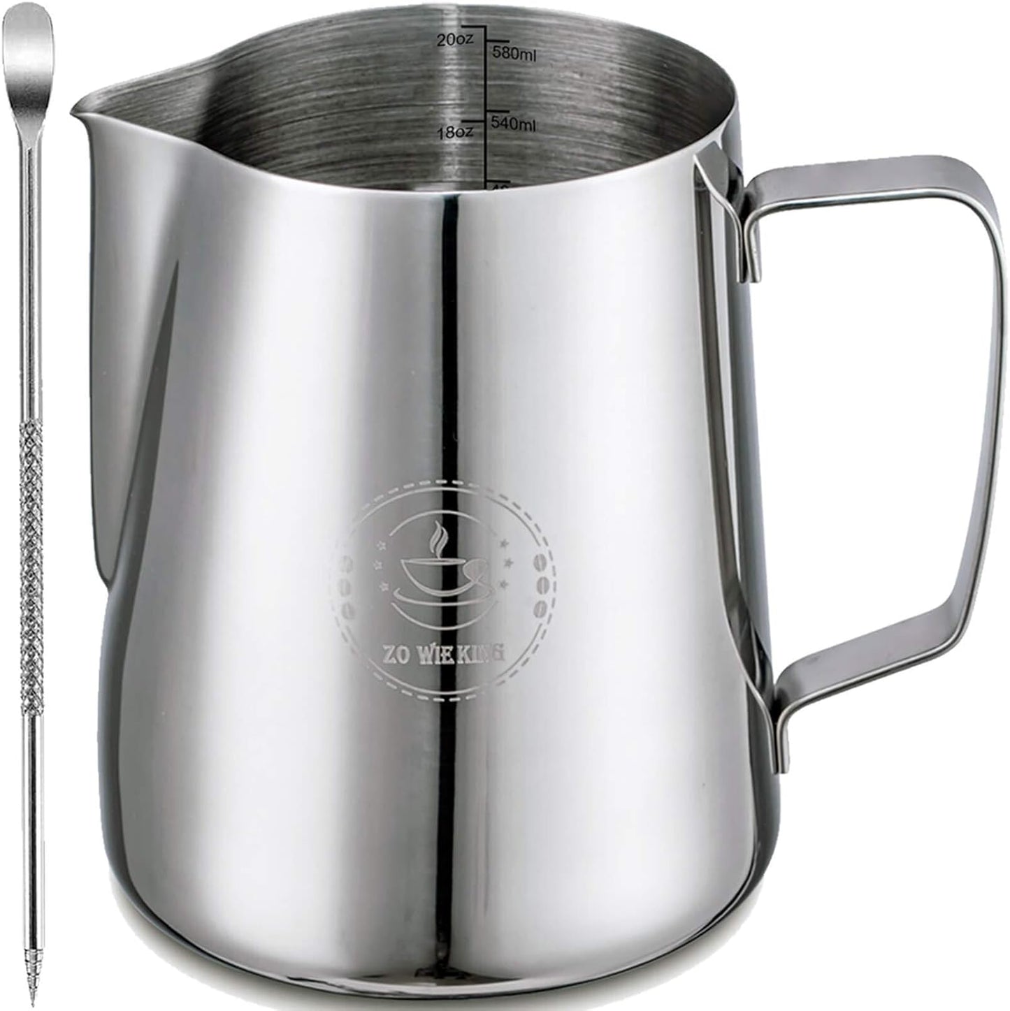 Milk Frothing Pitcher 20oz,Espresso Steaming Pitchers 600ml,Espresso Machine Accessories,Milk Frother cup 20 Oz, Coffee Cappuccino Latte Art,Stainless Steel Jug Cup with Decorating Art Pen