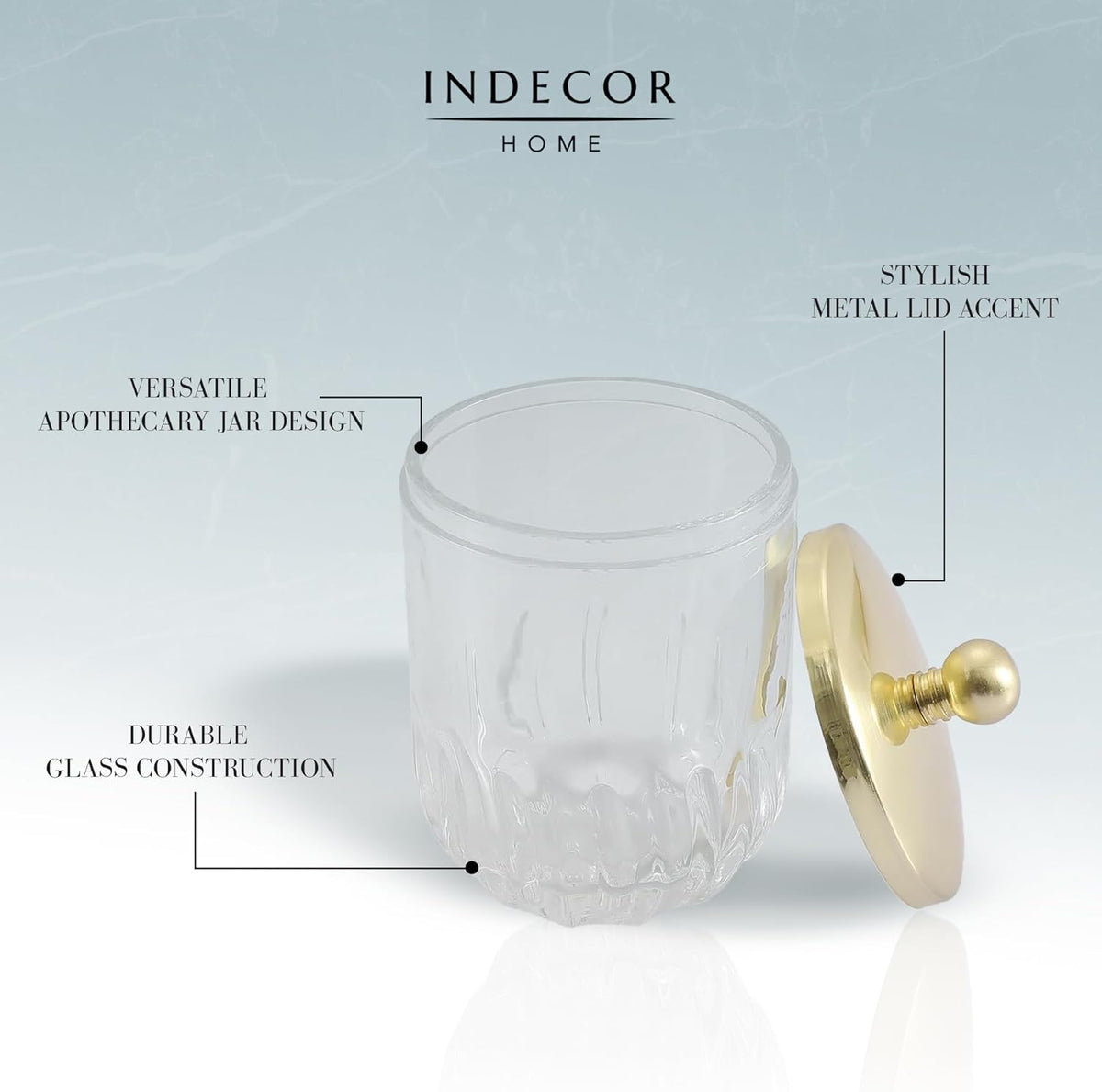 Glass Jar with Metal Lid for Bathroom Organization, Clear Apothecary Jar for Cotton Balls, Q Tips, and Small Accessories, Stylish Bathroom Storage Container Gold