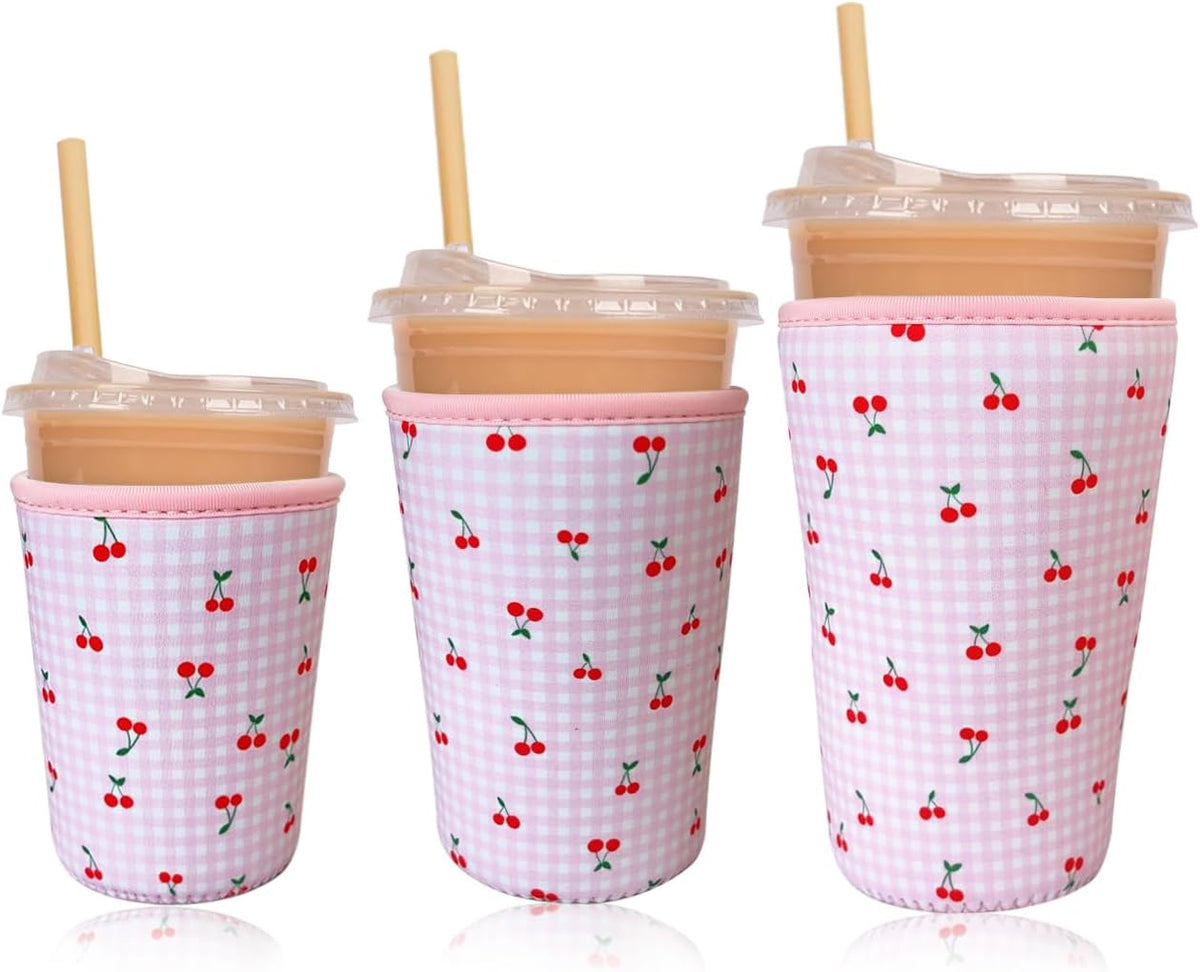 Reusable Insulated Neoprene Iced Coffee Cup Sleeve, Durable Drink Sleeve for Cold Beverages, Beverage Holder for Iced Coffee, Pink Cherry
