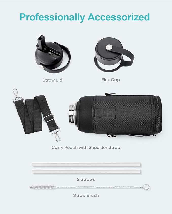 BUZIO Stainless Steel Water Bottle (Cold for 48 Hrs, Hot for 24 Hrs), 32 oz Vacuum Insulated Water Bottle with Straw Lid and Flex Cap (Double Wall, Wide Mouth, BPA Free, Leak Proof), Caribbean Blue