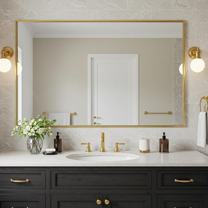 24x40 Inch Brass Bathroom Mirror for Wall, Aluminum Frame Rectangle Rectangular Vanity Mirror, Modern Large for Bedroom, Living Room, Horizontal or Vertical