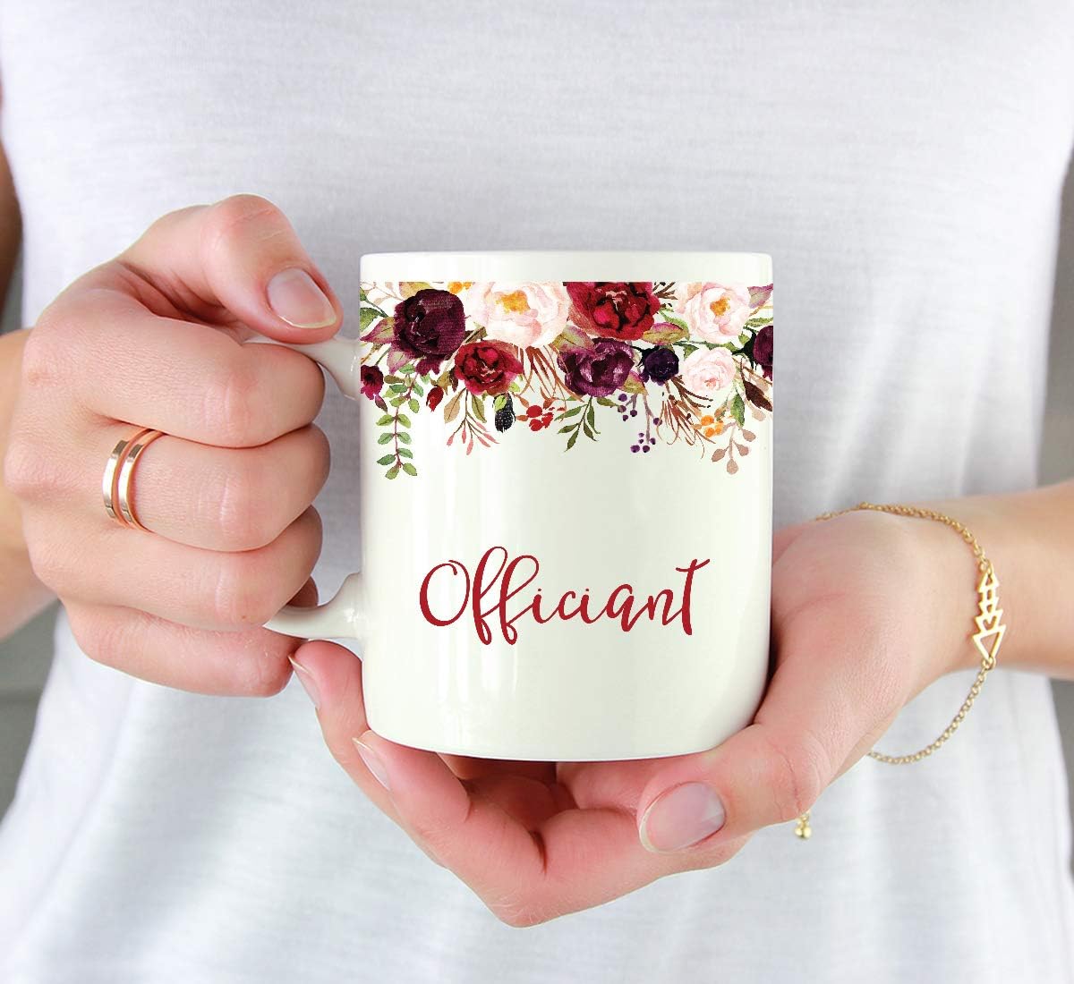 Andaz Press 11oz. Wedding Ceramic Coffee Tea Mug Gift, Fall Autumn Marsala Burgundy Flowers Roses Florals, Officiant, 1-Pack, Includes Gift Box