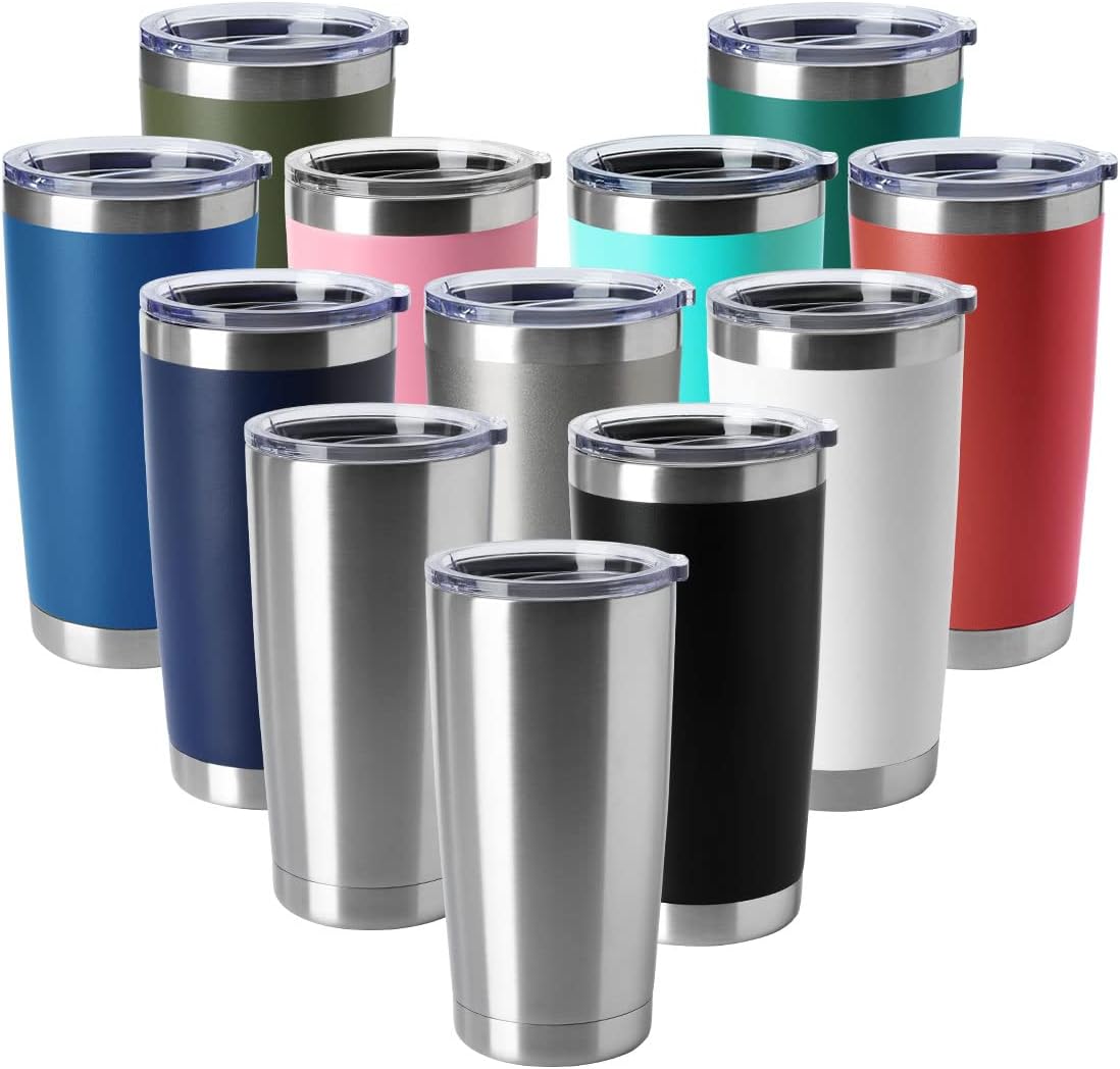 HASLE OUTFITTERS 20oz Tumblers Stainless Steel Mugs with Lid Double Wall Vacuum Insulated Coffee Cups for Cold & Hot Drinks (20oz-Mix, 12 Pack)