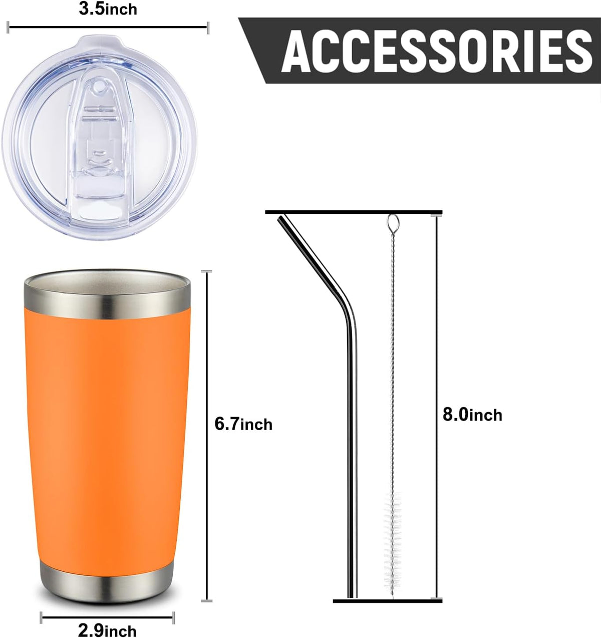 COMOOO 20oz 8 Pack Tumbler Double Wall Vacuum Insulated Coffee Travel Mug Stainless Steel Tumbler Bulk with Lid and Straw Insulated Coffee Cup for Cold & Hot Drinks (Orange, 8 Pack)