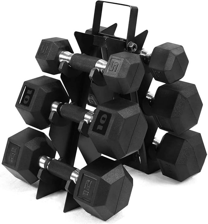 WF Athletic Supply Rubber Encased Hex Dumbbells with Rubber Grip Contoured Handle for Muscle Toning, Strength Building & Full Body Workout
