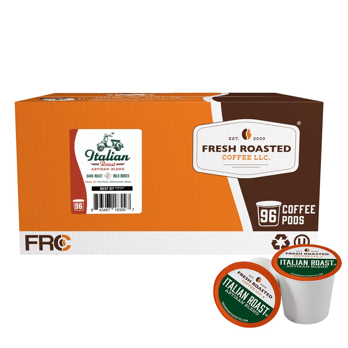 Fresh Roasted Coffee, Italian Roast, Dark, 96 Pods for K Cup Brewers
