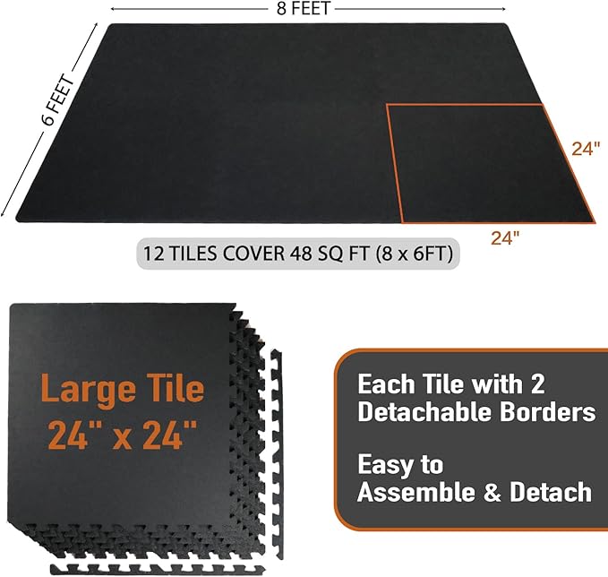 AIRHOP 0.56in Thick 48 Sq Ft Exercise Equipment Mats, 12 Tiles Upgraded Rubber Top with High Density EVA Foam, Large Interlocking Puzzle Gym Flooring for Home Gym, Heavy Weight Workout,Black