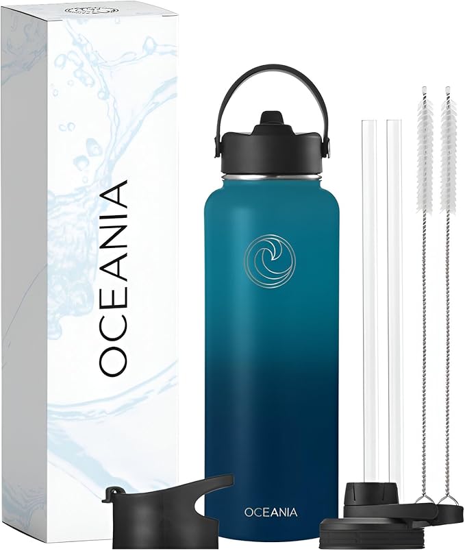 Oceania Flask 40oz Stainless Steel Sports Water Bottle | Leakproof, Hydro BPA-Free, Insulated with 3 Modern Lids, 3 Straws & 2 Straw Cleaning Brushes | Simple Camping & Hiking Bottle